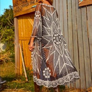 Contrast Black and White Semi Sheer Embroidered Sun/Starburst Tulle Kimono